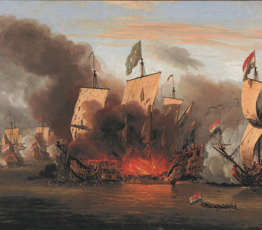 Een branderaanval op de Royal James tijdens de Zeeslag bij Solebay 7 juni 1672. Willem van de Velde de Jonge 1675